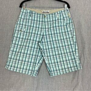 Columbia Plaid Bermuda Shorts Sz 8P 100% Cotton Teal Turqoise Plaid 5 Pockets